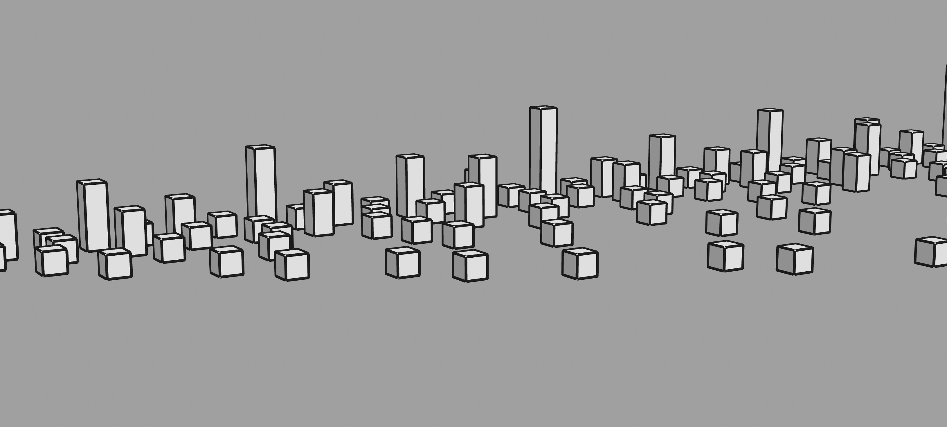 A CGI rendering of Number City made from grey boxes