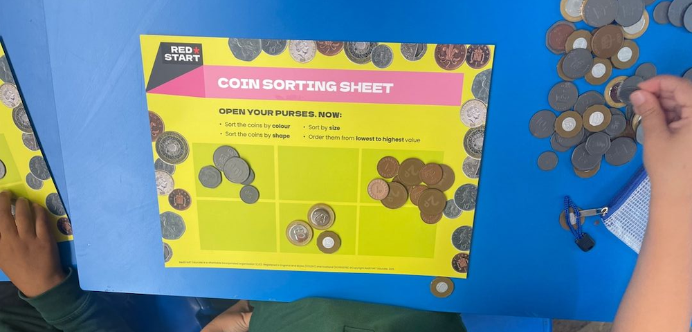 Photo of a children's financial literacy activity, involving sorting coins into piles, seen from above with an unseen child holding a coin ready to place