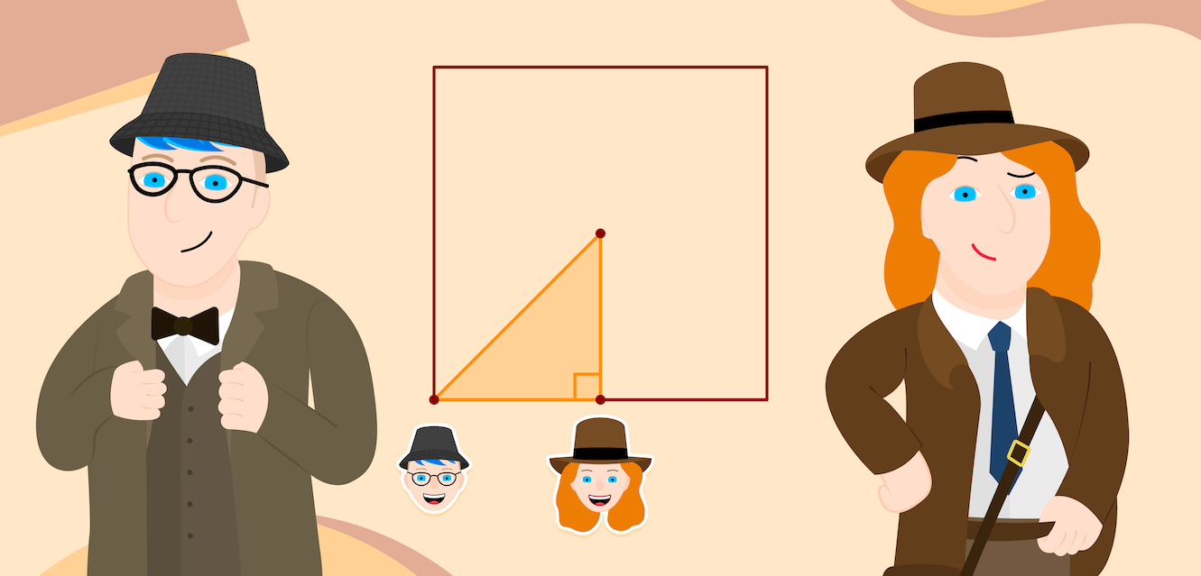 Screenshot from one of Will's animated videos, showing two adventurers represented by cartoon heads, one at the corner of a square and one on the edge, as described in the podcast