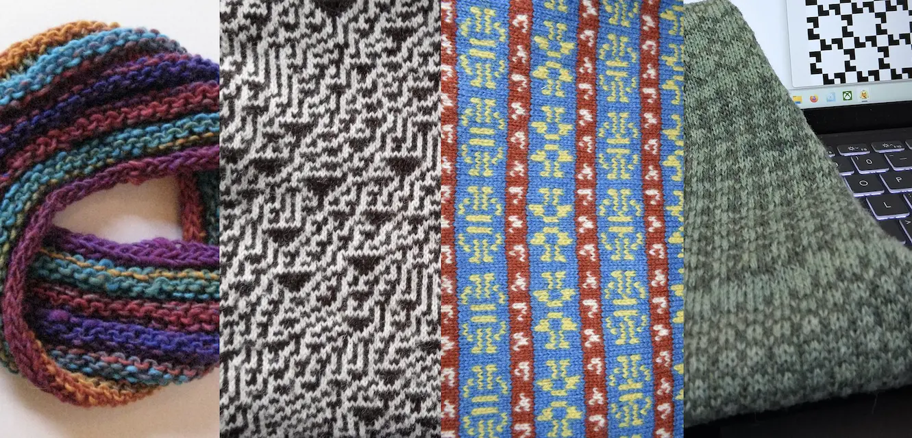 Photograph of some mathematical knitting pieces, including cellular automata and Game of Life knitting